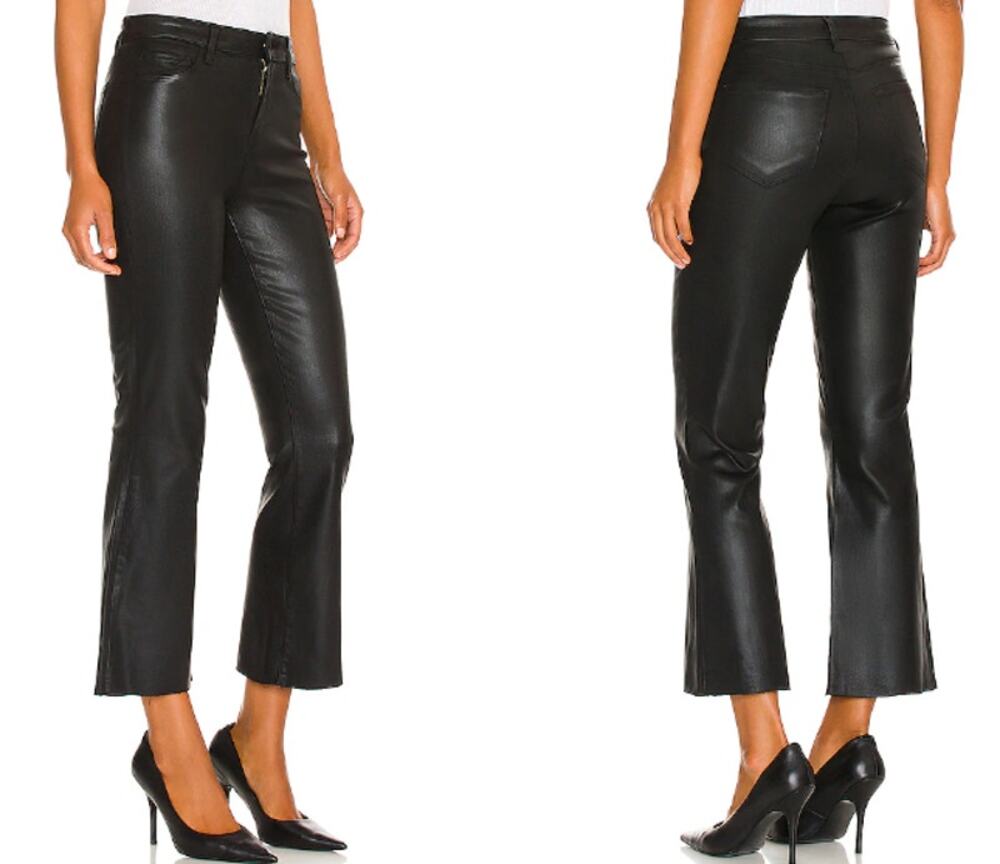 L'Agence Kendra Coated High Rise Raw Hem Cropped Flare Jean Black Noir Coated 32